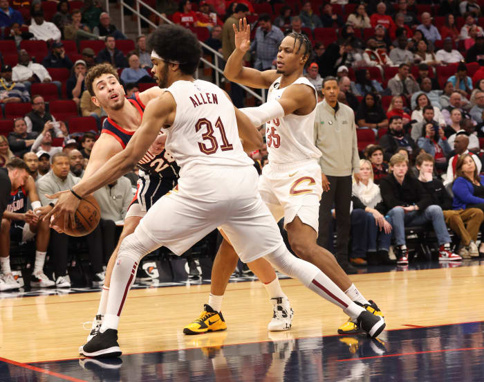 Jan 26, 2023; Houston, Texas, USA; Cleveland Cavaliers center Jarrett Allen (31) steals Houston Rockets center Alperen Sengun (28) pass in the second quarter at Toyota Center. Mandatory Credit: Thomas Shea-USA TODAY Sports